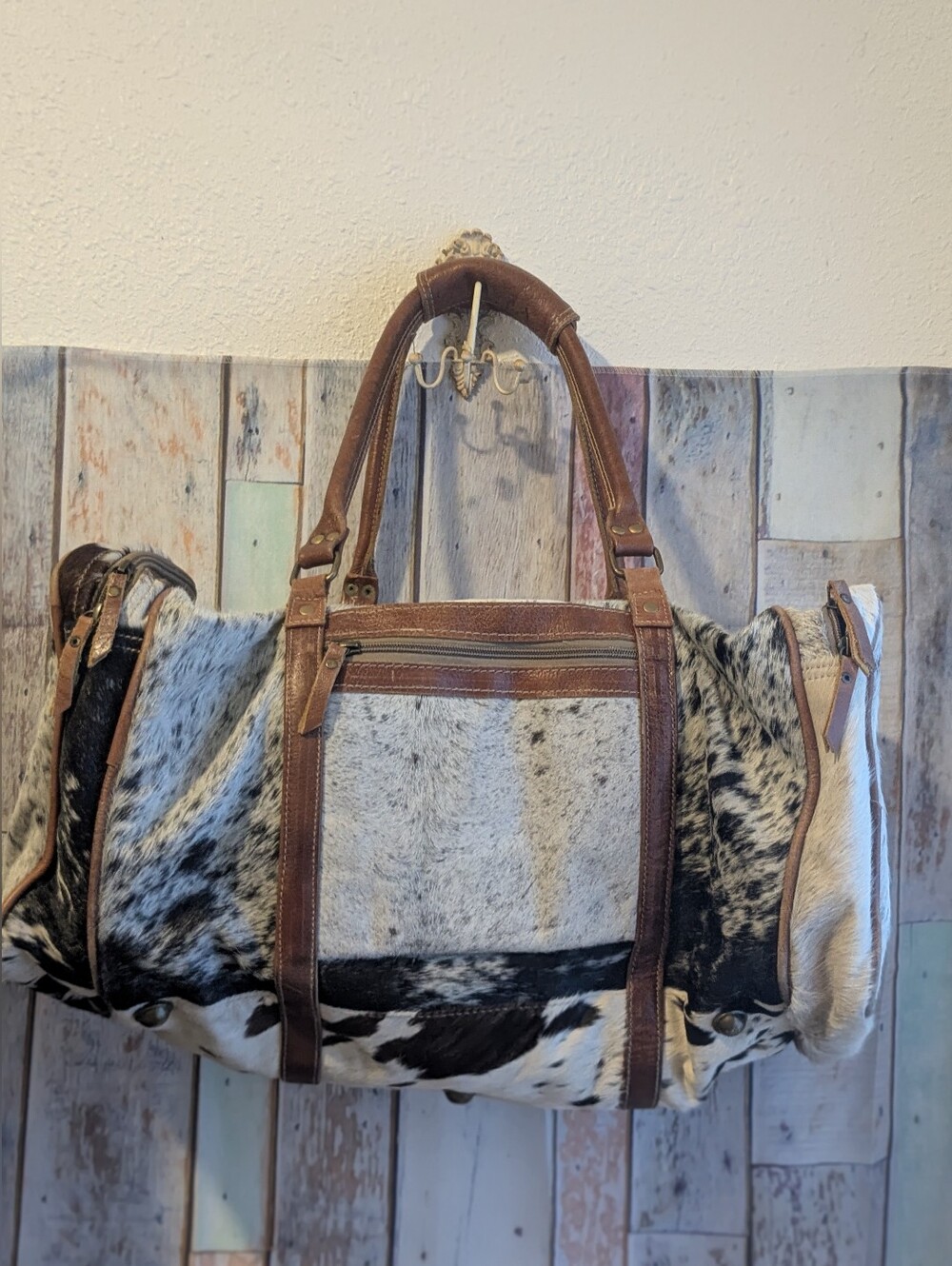 Myra Brown Leather and Black-White Cowhide large Travel Duffel Bag